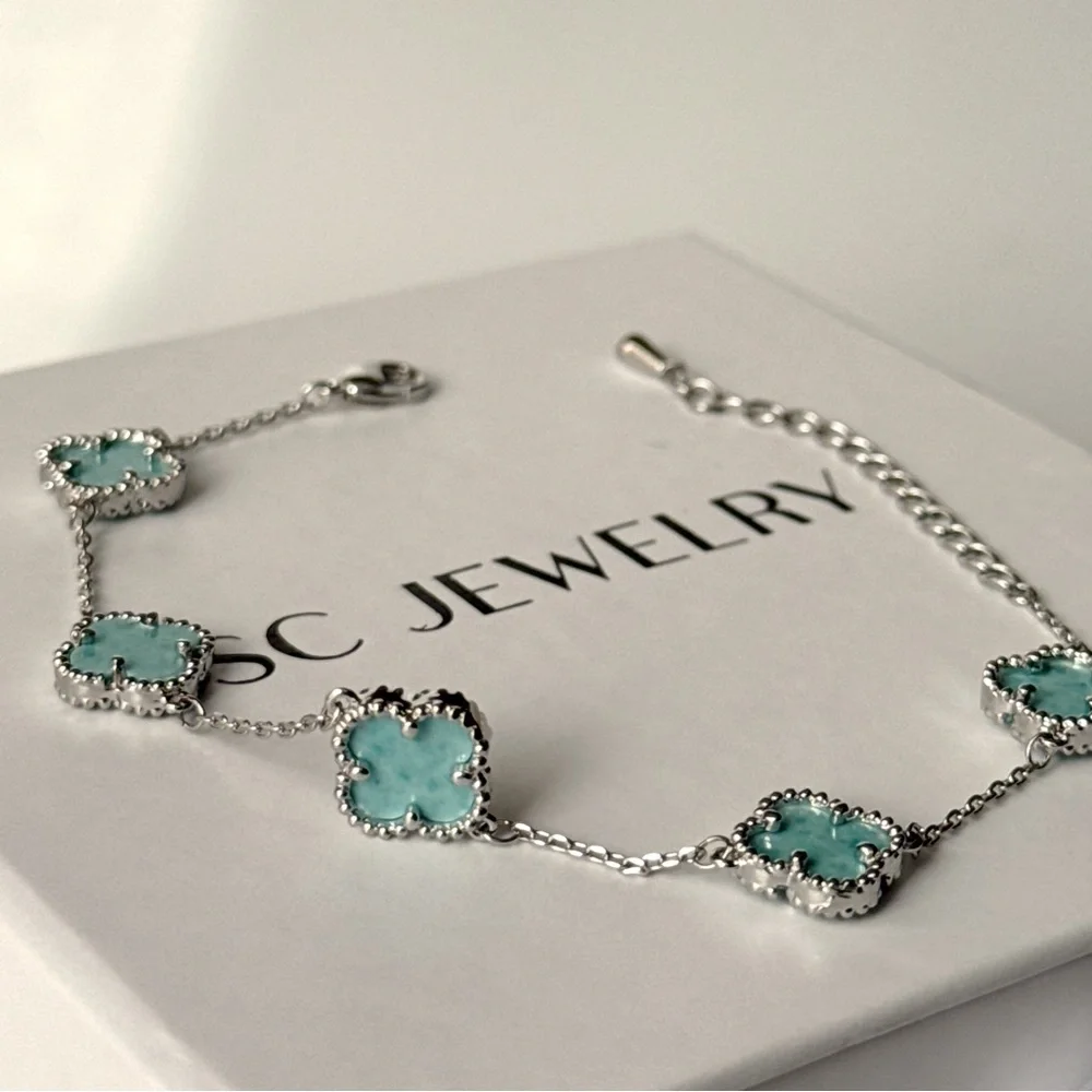 Petite Clover Bracelet Tiffany Color Mother of Pearl Double Sided - Picture 9 of 15